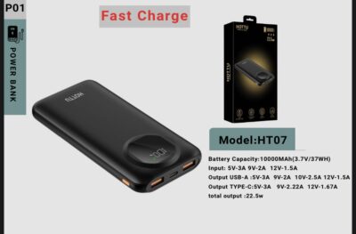 پاوربانک ۱۰۰۰۰ میلی‌آمپر ۲۲.۵ وات HT07 با خروجی USB-A و Type-C