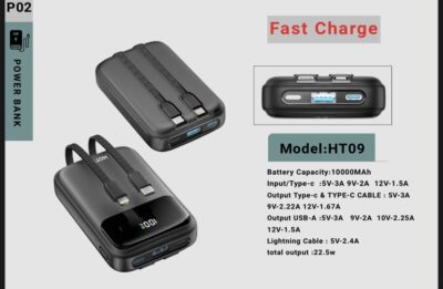 پاوربانک HT09 ظرفیت ۱۰۰۰۰ میلی‌آمپر با توان ۲۲.۵ وات