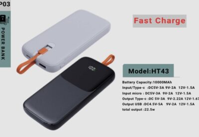 پاوربانک ۱۰۰۰۰ میلی‌آمپر ۲۲.۵ وات HT43 با خروجی USB و Type-C