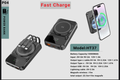 پاوربانک ۱۰۰۰۰ میلی‌آمپر ۲۲.۵ وات HT37 با شارژ بی‌سیم MagSafe و کابل‌های Type-C و Lightning