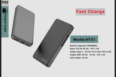 پاوربانک ۱۰۰۰۰ میلی‌آمپر ۲۲.۵ وات HT51 با خروجی USB و Type-C