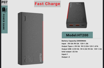 پاوربانک ۲۰۰۰۰ میلی‌آمپر ۲۲.۵ وات HT200 با خروجی USB و Type-C