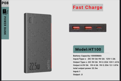 پاوربانک ۱۰۰۰۰ میلی‌آمپر ۲۲.۵ وات HT100 با خروجی USB-A و Type-C