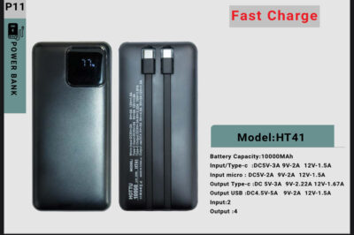 پاوربانک ۱۰۰۰۰ میلی‌آمپر HT41 با خروجی USB و Type-C و ۲ ورودی