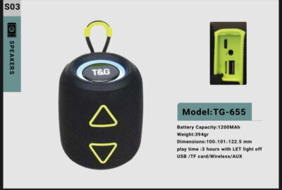 اسپیکر بلوتوثی TG-655 با باتری ۱۲۰۰ میلی‌آمپر، USB، TF و AUX