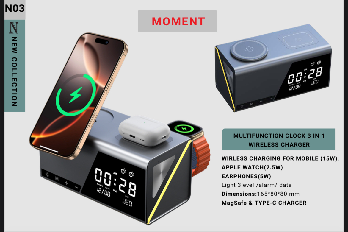 IMG_9997 ساعت دیجیتال چندمنظوره ۳ در ۱ با شارژر بیسیم MagSafe، شارژ موبایل، Apple Watch و هدفون - تصویر 1